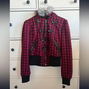 Forever 21 buffalo plaid furry hood peacoat